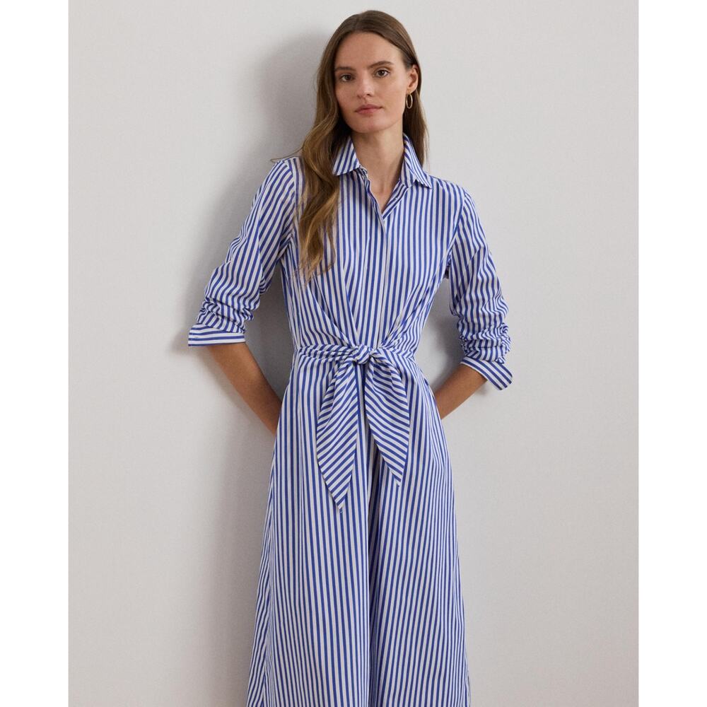 LAUREN RALPH LAUREN Kahwell Shirt Dress Size 10 Blue White Stripe Tie Waist NWT - Picture 2 of 15